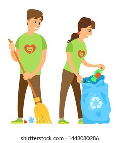 Volunteering work of people vector, isolated man and woman with garbage bin, man sweeping floor and woman collecting litter plastic bottle environmental care