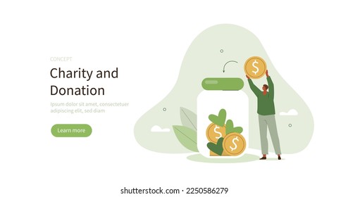 Volunteerism and community support. Volunteer collecting funds and placing them in a jar. Financial contributions and donation concept. Vector illustration.