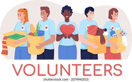 Volunteers 2D vector isolated illustration. Contributing to humanitarian aid. Smiling man and woman. Social service worker flat characters on cartoon background. Charity work colourful scene