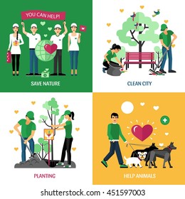 Volunteers 2x2 design concept set of help animals planting clean city and save nature action compositions flat vector illustration