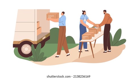 Volunteers accepting and loading donation boxes in truck of social nonprofit organization. Humanitarian aid, voluntary help and charity concept. Flat vector illustration isolated on white background