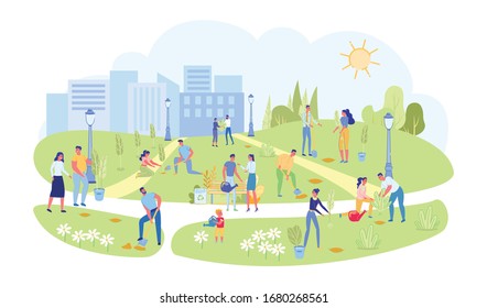 Volunteers and Active Citizens Engaged in Landscaping and Greening City Park. Spring Beautification in Town Garden. People Cartoon Characters Planting Trees and Bushes. Flat Vector Illustration.