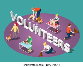 Volunteers and animals, dogs and cats  isometric composition with typographic lettering on purple green background vector illustration
