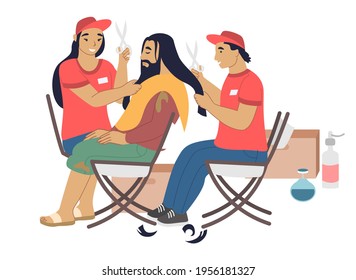 Volunteers barbers cutting hair of homeless person, flat vector illustration. Care for homeless, volunteering and charity.