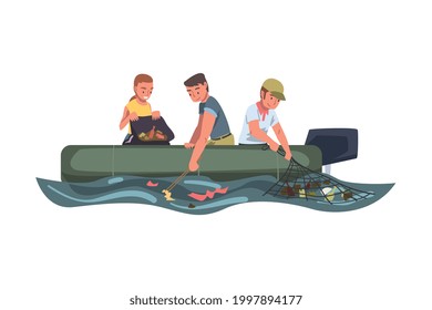 Volunteers In Boat Collecting Trash, People Cleaning Sea, River Or Lake From Garbage, Ecology Protection Concept Cartoon Vector Illustration