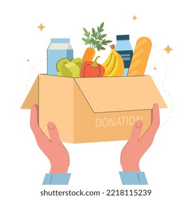 Volunteers box concept. Character holding parcel with natural and organic products. Foundation and donations. Responsible society, care and love. Poster or banner. Cartoon flat vector illustration