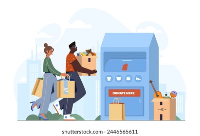 Volunteers with boxes. Man and woman with food toys and clothes for poor people. Charity, generosity and kindness. Charitable foundation activists. Cartoon flat vector illustration