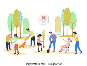 Volunteers busy with different socially useful work - helping elderly disabled people, growing plants for Earth ecology improvement and taking care of homeless animals. Flat vector illustration.