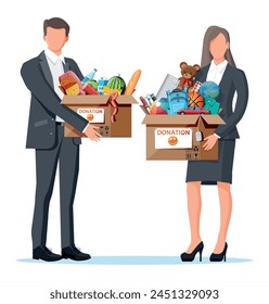 Volunteers with cardboard donation box of food, toys, books, clothes and devices. Help for children, support for poor kid. Donate container. Social care volunteering, charity. Flat vector illustration