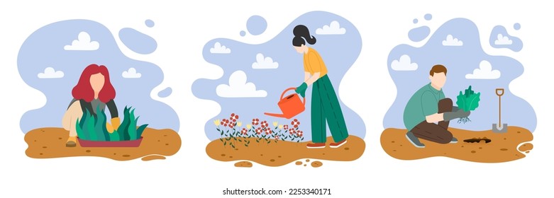 Volunteers care about environment and take care of plants. Set of illustration people work on ground and gardening. Male and female grow and watering organic plants. Vector illustration