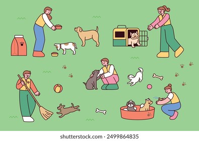 Volunteers care for dogs at a dog shelter. outline simple vector illustration.