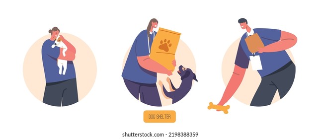 Volunteers Care of Dogs in Shelter, Pound, Rehabilitation or Adoption Center for Stray and Homeless Animals Isolated Round Icons or Avatars. Dogs Protection and Adoption. Cartoon Vector Illustration