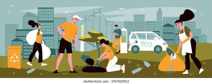 Volunteers Caring For Ecology Collecting Garbage In City Area Planting Trees Charging Electric Car Flat Vector Illustration