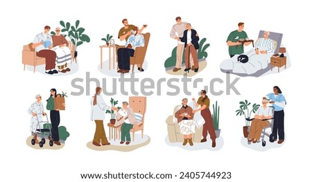 Volunteers caring of old senior people set. Caregivers, social workers helping, supporting elder aged characters. Assistance, aid for elderly. Flat vector illustrations isolated on white background