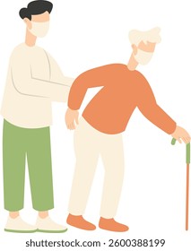 Volunteers Character with Old People. Care and Helping. Flat Vector Illustration.