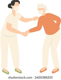 Volunteers Character with Old People. Care and Helping. Flat Vector Illustration.