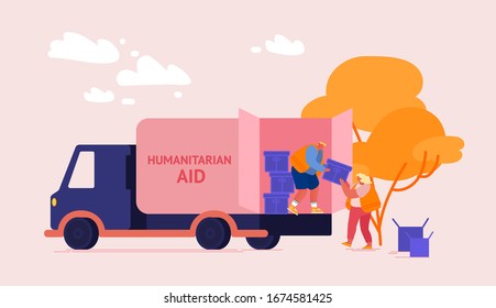 Volunteers Characters Distribute Boxes With Humanitarian Aid. Distribution Of Food And Basic Necessities To Refugees, Poor People In Need And Vulnerable Social Groups. Cartoon Vector Illustration