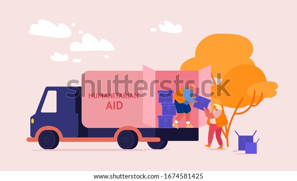 Volunteers Characters Distribute Boxes with\
Humanitarian Aid. Distribution of Food and Basic Necessities to\
Refugees, Poor People in Need and Vulnerable Social Groups. Cartoon\
Vector Illustration