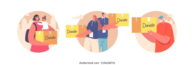 Volunteers Characters Distribute and Donate to Poor People Isolated Round Icons or Avatars. Humanitarian Aid and Help, Volunteering, Charity, Philanthropy Concept. Cartoon Vector Illustration