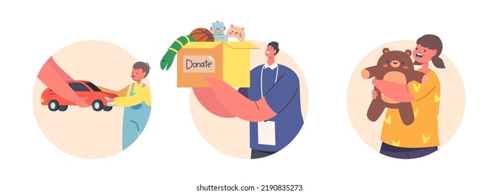 Volunteers Characters Donate Toys to Kids Isolated Round Icons or Avatars. Humanitarian Aid and Help to Children Orphans. Volunteering, Charity, Philanthropy. Cartoon Vector People Illustration