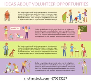 Volunteers characters in flat design. Young people planted plants, trees,  helping ill kids and seniors, feeding homeless men. Place for you text.  Vector illustration eps 10
