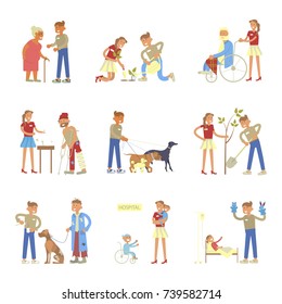 Volunteers characters in flat design. Young people planted plants, trees,  helping ill kids and seniors, feeding homeless men. Vector illustration eps 10