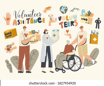 Volunteers Characters Help to Seniors, Push Wheelchair with Old, Walk Together. Man and Woman Carry Bags with Products and Medical Drugs for Aged Helpless Elderly People. Linear Vector Illustration