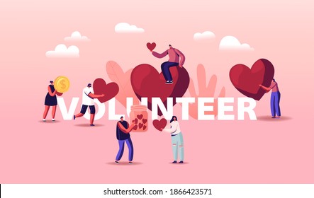 Volunteers Charity Concept. Tiny Male or Female Characters Throw Huge Hearts and Coins Into Box for Donations. Donate, Giving Money and Love Poster, Banner or Flyer. Cartoon People Vector Illustration