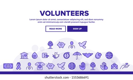 Volunteers, Charity Landing Web Page Header Banner Template Vector. Volunteering, Charitable Organizations. Donations, Humanitarian Aid, Peace-Keeping Missions Illustration