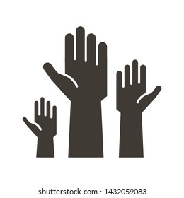 Volunteers and charity work. Raised helping hands. Vector flat glyph icon illustrations with a crowd of people ready and available to help and contribute. Positive foundation, business, service.