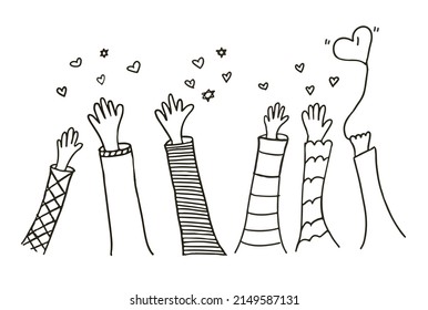 Volunteers and charity work. Raised helping hands. Vector hand drawn doodle illustrations with a crowd of people ready and available to help and contribute. Positive foundation, business, service.