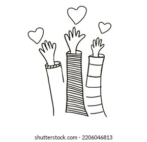 Volunteers and charity work. Raised helping hands. Vector hand drawn doodle illustrations with a crowd of people ready and available to help and contribute. Positive foundation, business, service.