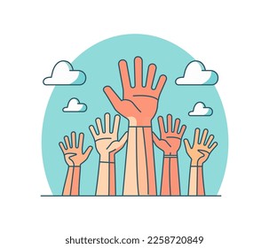 Volunteers and charity work. Raised helping hands. Vector icon background banner illustrations with a crowd of people ready and available to help and contribute. Positive foundation, business, service