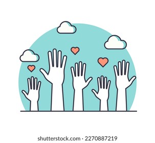 Volunteers and charity work. Raised helping hands. Vector icon background banner illustrations with a crowd of people ready and available to help and contribute. Positive foundation, business, service