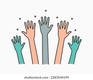 Volunteers and charity work. Raised helping hands. Vector icon background banner illustrations with a crowd of people ready and available to help and contribute. Positive foundation, business, service