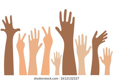 Volunteers and charity work. Raised helping hands. Vector thin line icon illustrations with a crowd of people ready and available to help and contribute. Positive foundation, business, service.