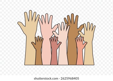 Volunteers and charity work. Raised helping hands. Vector flat glyph icon illustrations with a crowd of people ready and available to help and contribute. Positive foundation, business, service. EPS10