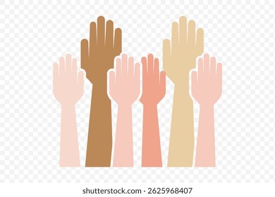Volunteers and charity work. Raised helping hands. Vector flat glyph icon illustrations with a crowd of people ready and available to help and contribute. Positive foundation, business, service. EPS10