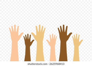 Volunteers and charity work. Raised helping hands. Vector flat glyph icon illustrations with a crowd of people ready and available to help and contribute. Positive foundation, business, service. EPS10