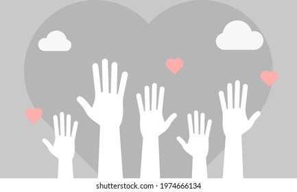 Volunteers and charity work. Social care raised helping hands. Illustration with a crowd of people ready and available to help and contribute. Positive foundation, business, service.