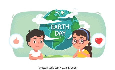 Volunteers children celebrating Earth Day. Activist boy, girl kids persons expressing love for world planet globe. Environment protection holiday, ecology conservation concept flat vector illustration