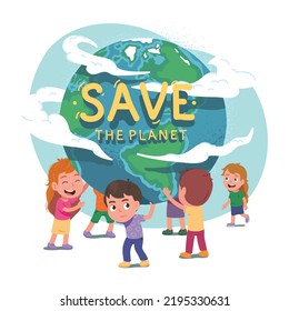 Volunteers children holding saving Earth planet. Boys, girls kids persons supporting taking care of world globe sphere. Environment protection, ecology conservation concept flat vector illustration