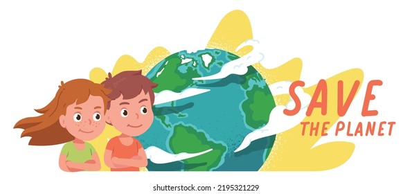 Volunteers children saving Earth planet. Determined activists boy, girl kids persons protecting world globe sphere. Environment protection poster, ecology conservation concept flat vector illustration