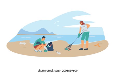 Volunteers clean the beach during environmental charity event, flat vector illustration isolated on white background. Banner or poster with volunteers by the sea.