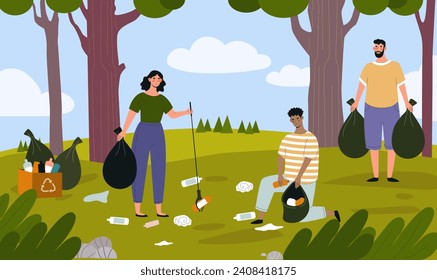 Volunteers clean up city park concept. Care about ecology and environment. Woman and man with mop and rakes collect and picking up plastic bottles and paper. Cartoon flat vector illustration