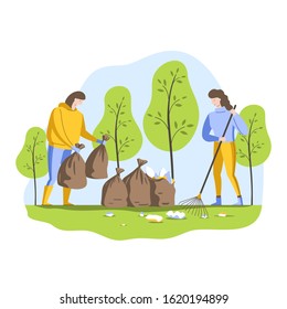 Volunteers clean up garbage in the forest. Young people collect garbage in bags. Vector illustration in a flat style