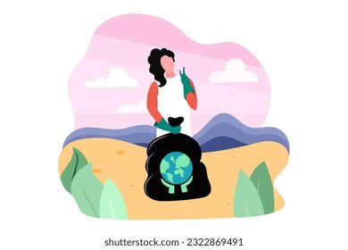 Volunteers clean up plastic trash. Save ecology and environment protection concept. Woman in protective clothes and gloves holding bag with trash, helping to clean territory. Flat vector