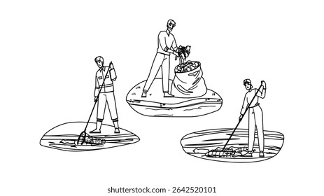 up volunteers clean river vector. conservation nature, pollution sustainability, ecology action up volunteers clean river character. people black line pencil drawing illustration