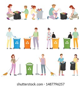 Volunteers clean up wastes. People collecting trash into bags isolated on white. Pollution of seaside with different kinds of garbage. Ecology Protection Concept Cartoon Flat Vector Illustration.