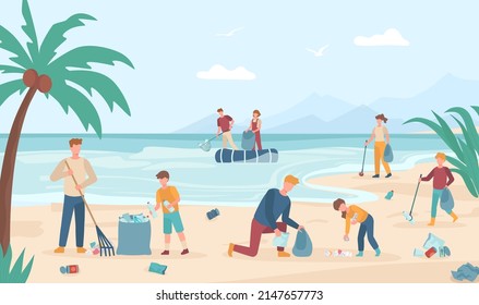 Voluntarios limpiando la playa, recogiendo basura en la costa. Limpieza de basura y contaminación, mantener la costa ambiental por medio de voluntarios, ilustración vectorial